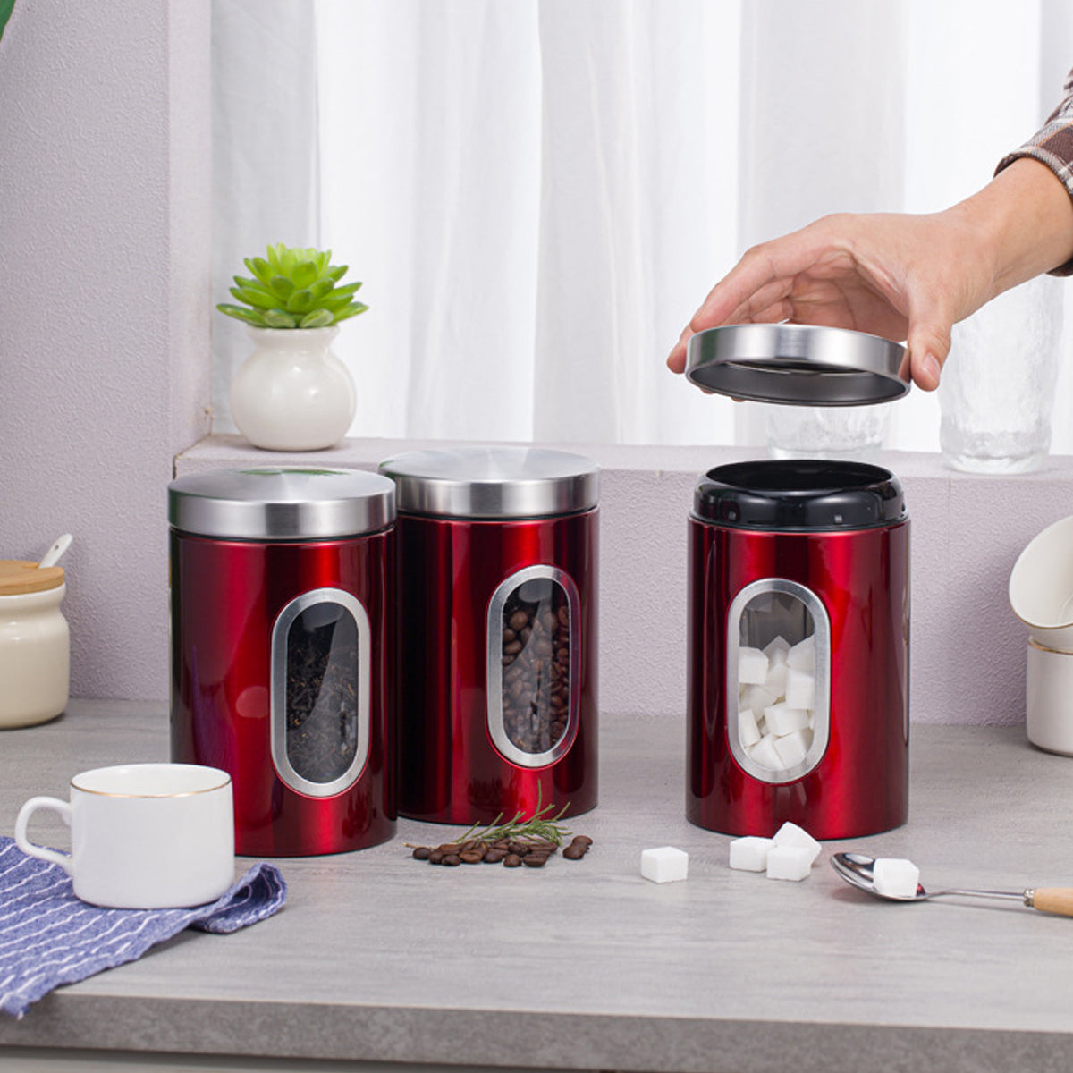 3 Pcs Windowed Steel Jars in Three Colours | StorageOZ