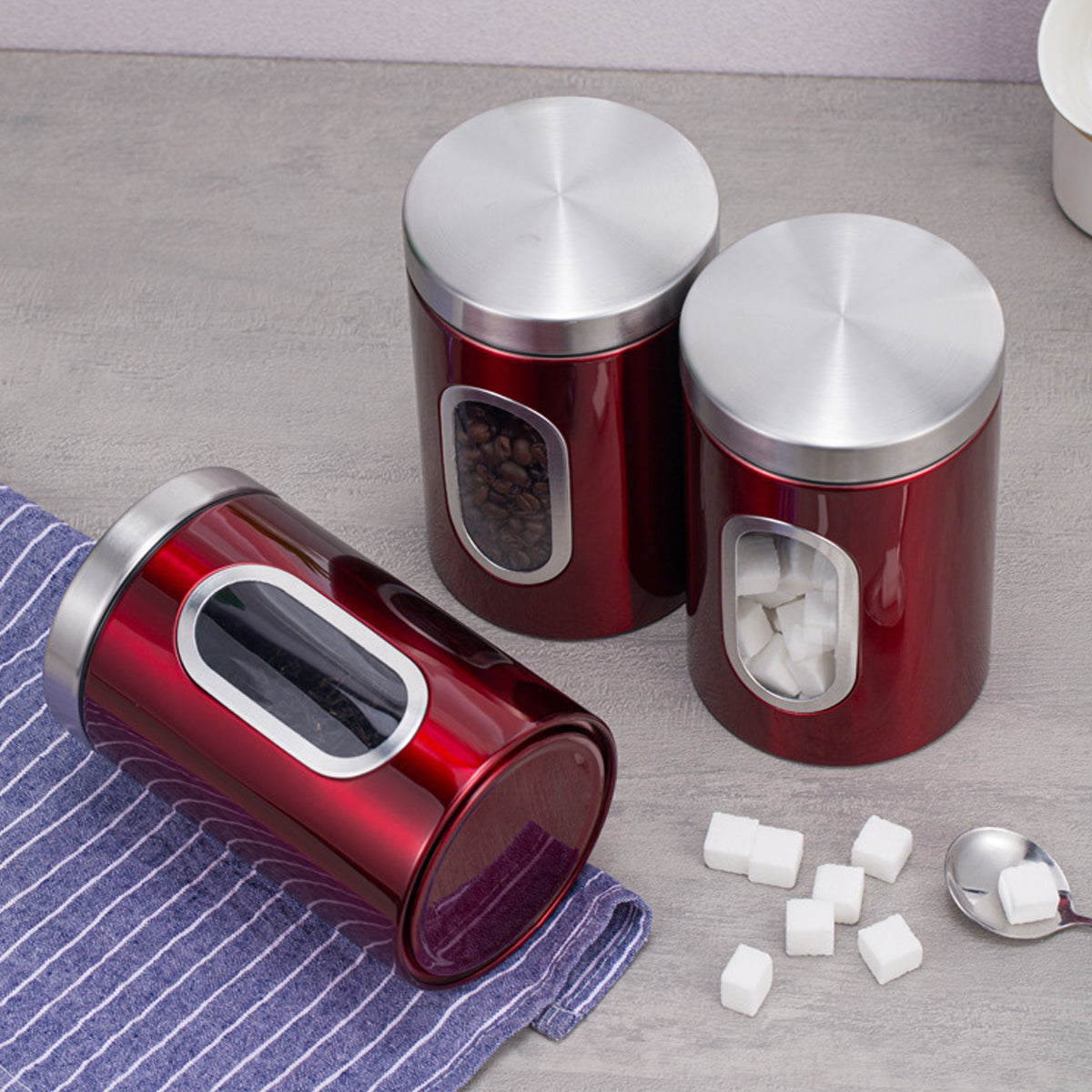 3 Pcs Windowed Steel Jars in Three Colours | StorageOZ