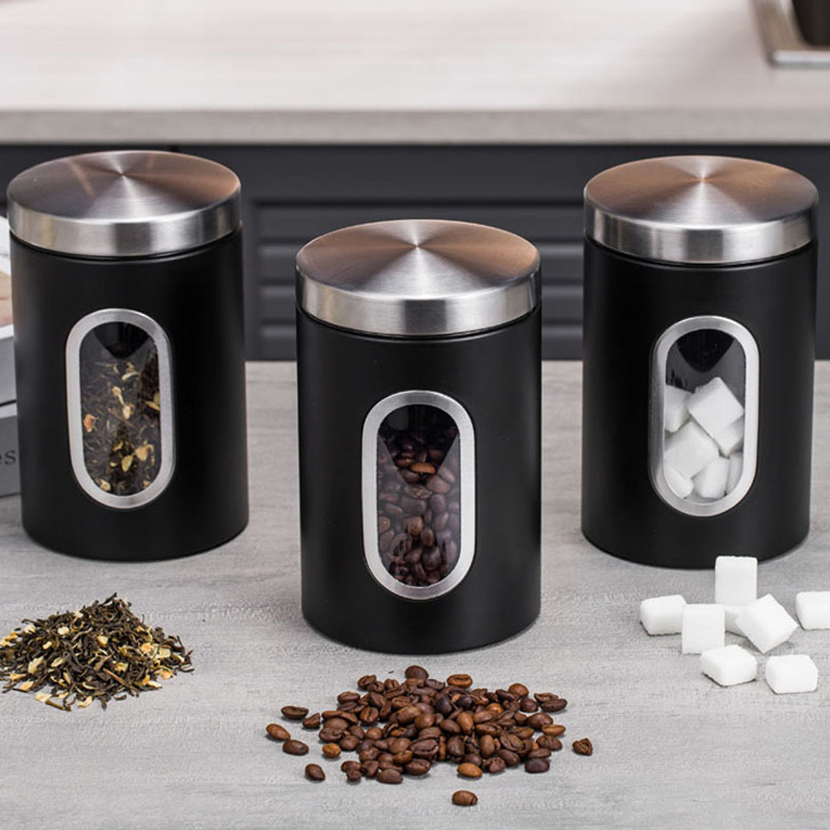 3 Pcs Windowed Steel Jars in Three Colours | StorageOZ