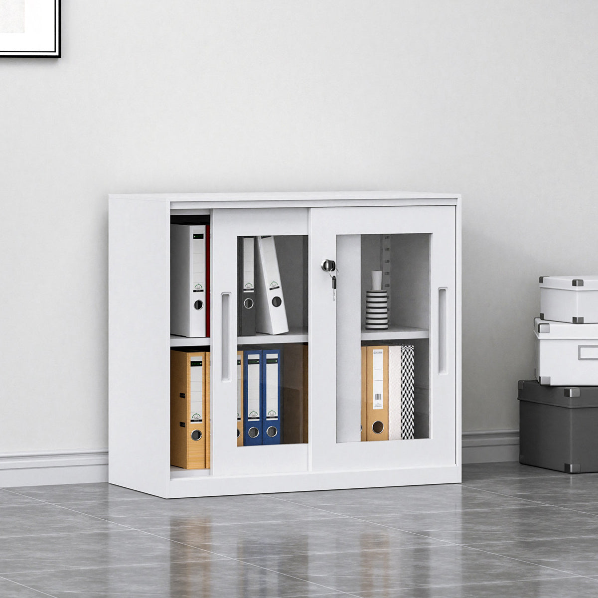 White Metal File Cabinet Two Heights Set | StorageOZ