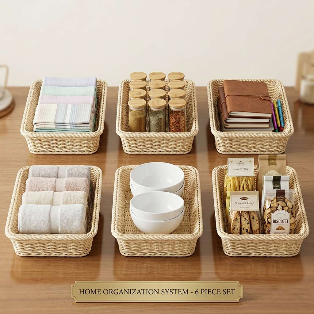 6 Pcs Cream Rattan Style Baskets Set Set | StorageOZ
