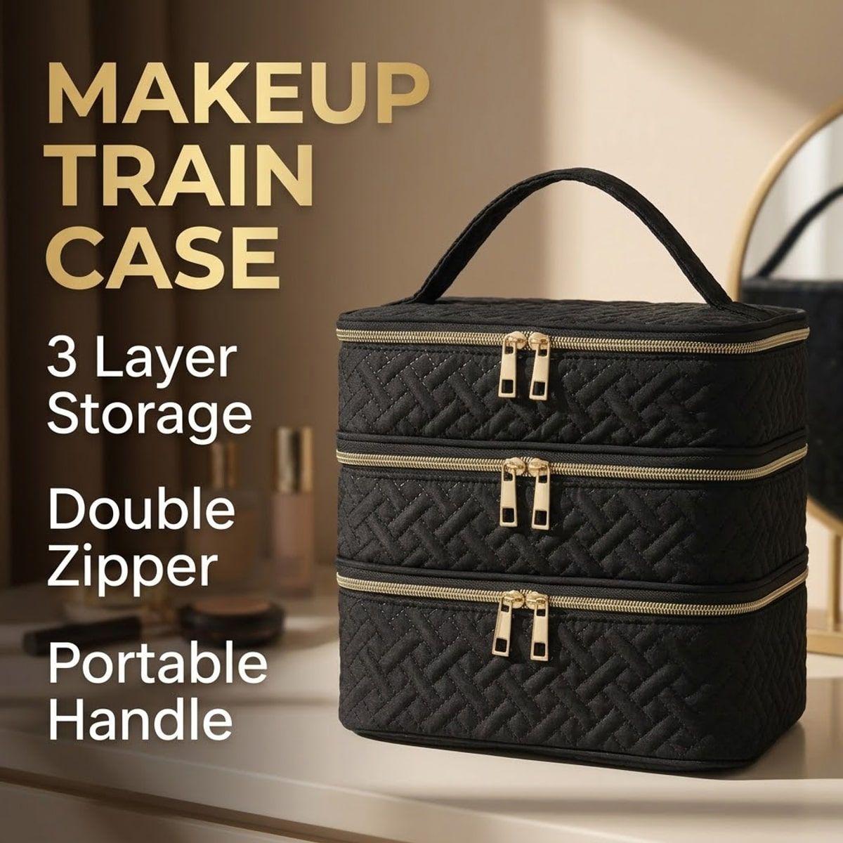 3 Layer Black Quilted Makeup Storage Case | StorageOZ