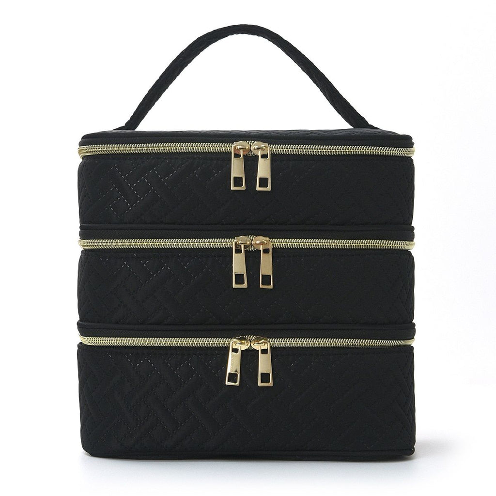 3 Layer Black Quilted Makeup Storage Case | StorageOZ