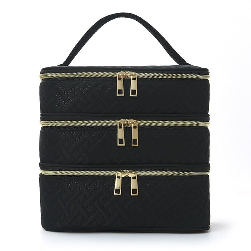 3 Layer Black Quilted Makeup Storage Case | StorageOZ