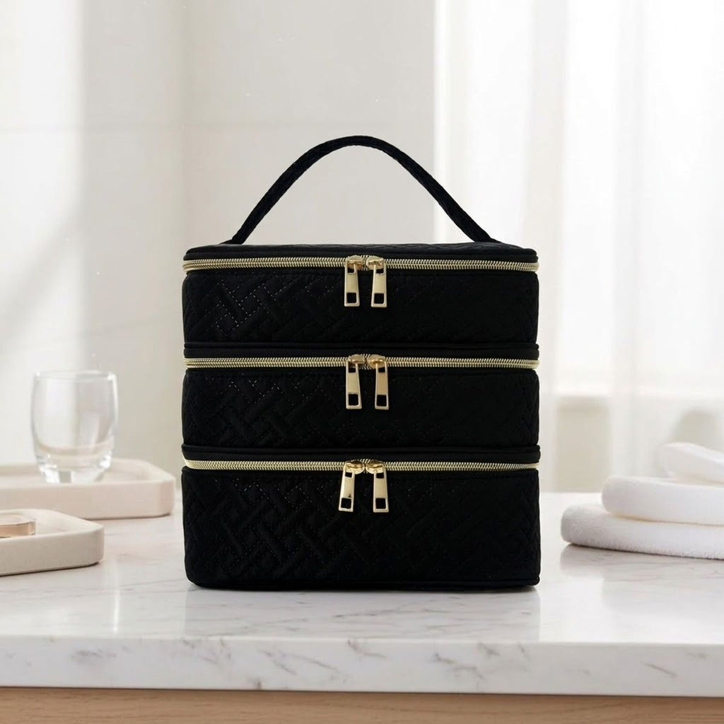 3 Layer Black Quilted Makeup Storage Case | StorageOZ