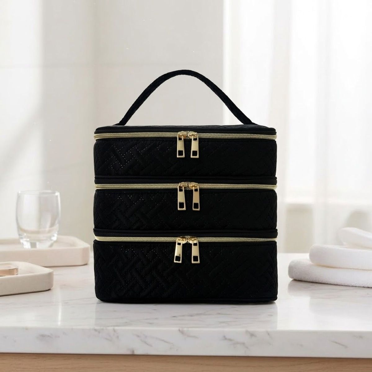 3 Layer Black Quilted Makeup Storage Case | StorageOZ