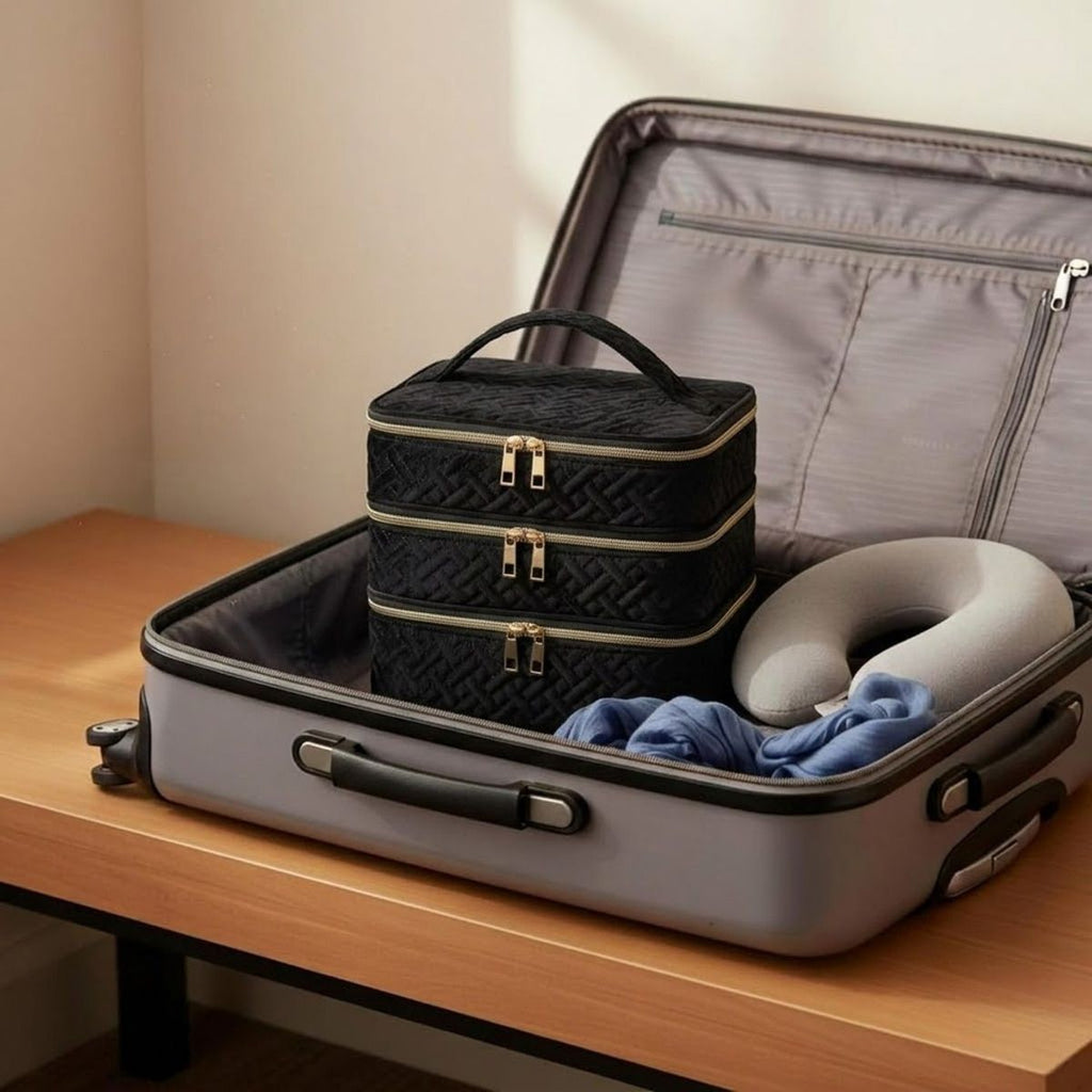 3 Layer Black Quilted Makeup Storage Case | StorageOZ