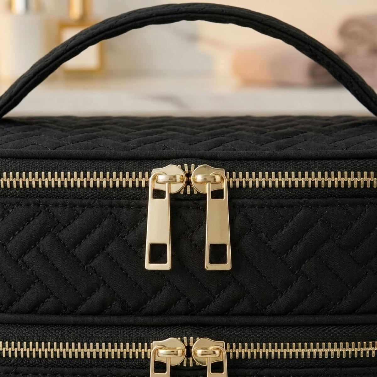 3 Layer Black Quilted Makeup Storage Case | StorageOZ