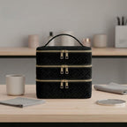 3 Layer Black Quilted Makeup Storage Case | StorageOZ