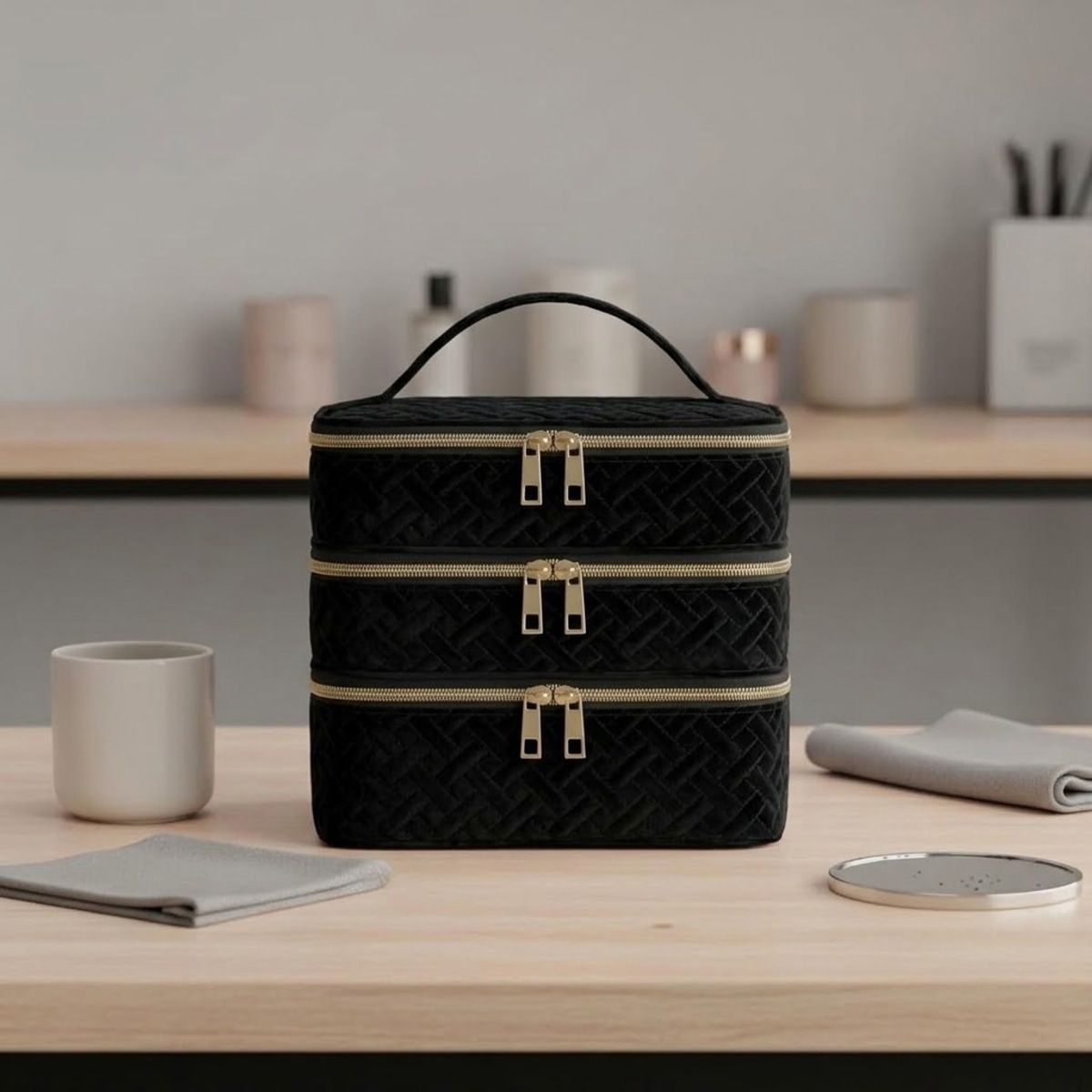3 Layer Black Quilted Makeup Storage Case | StorageOZ