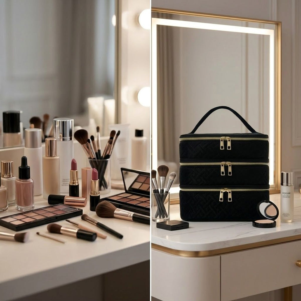 3 Layer Black Quilted Makeup Storage Case | StorageOZ