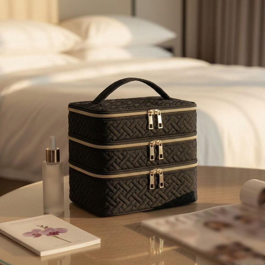 3 Layer Black Quilted Makeup Storage Case | StorageOZ