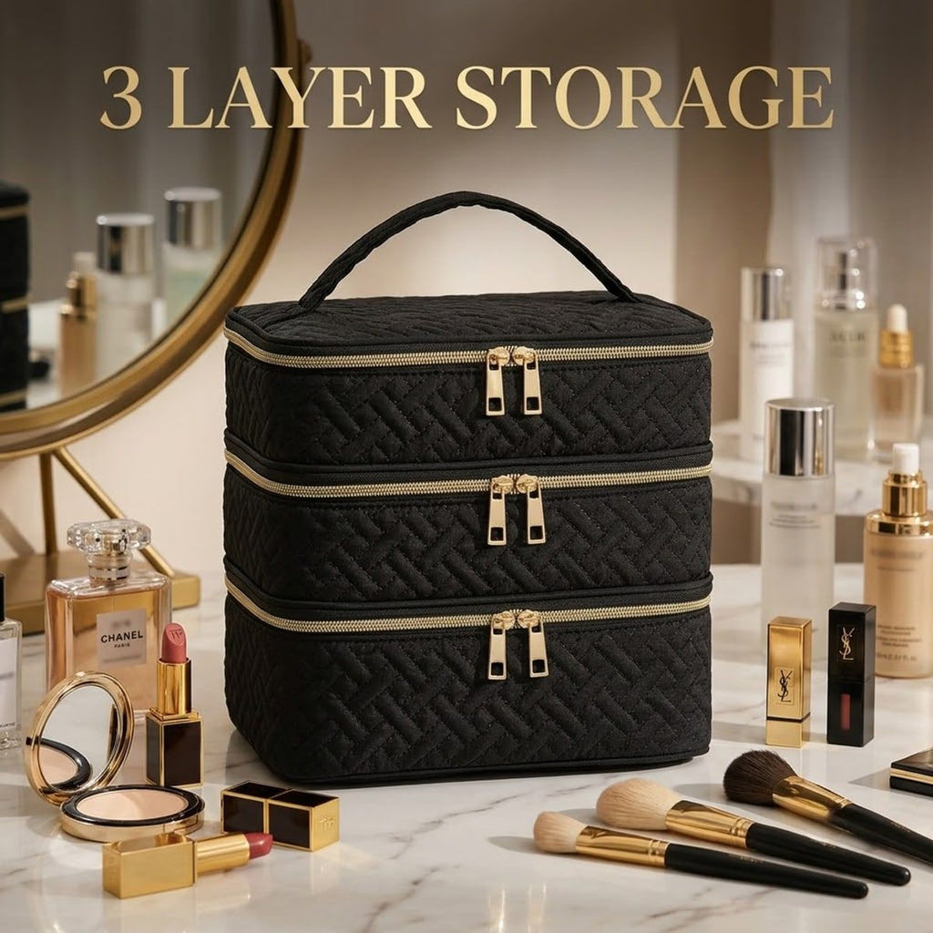 3 Layer Black Quilted Makeup Storage Case | StorageOZ