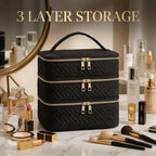3 Layer Black Quilted Makeup Storage Case | StorageOZ