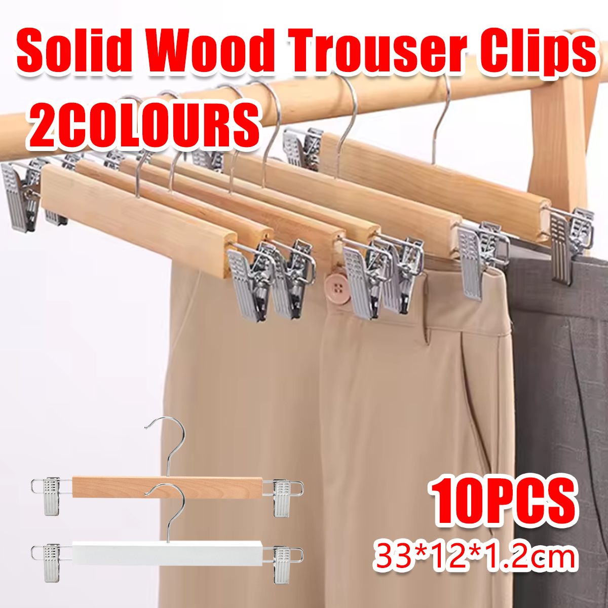 10 Pcs Wooden Clip Pants Hangers Two Finishes | StorageOZ