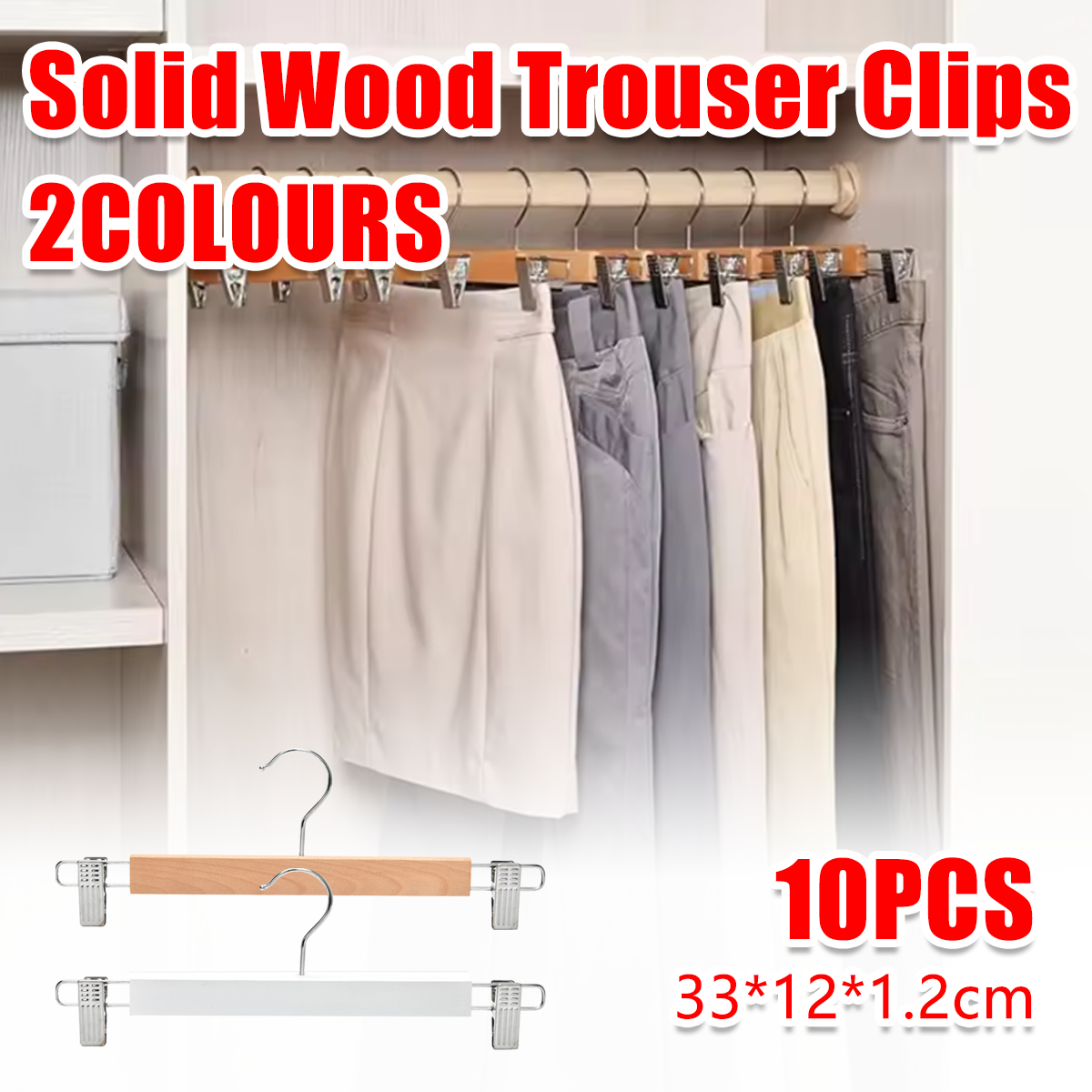 10 Pcs Wooden Clip Pants Hangers Two Finishes | StorageOZ