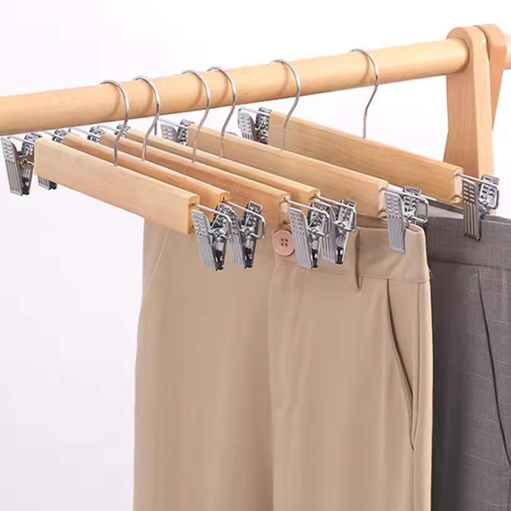 10 Pcs Wooden Clip Pants Hangers Two Finishes | StorageOZ