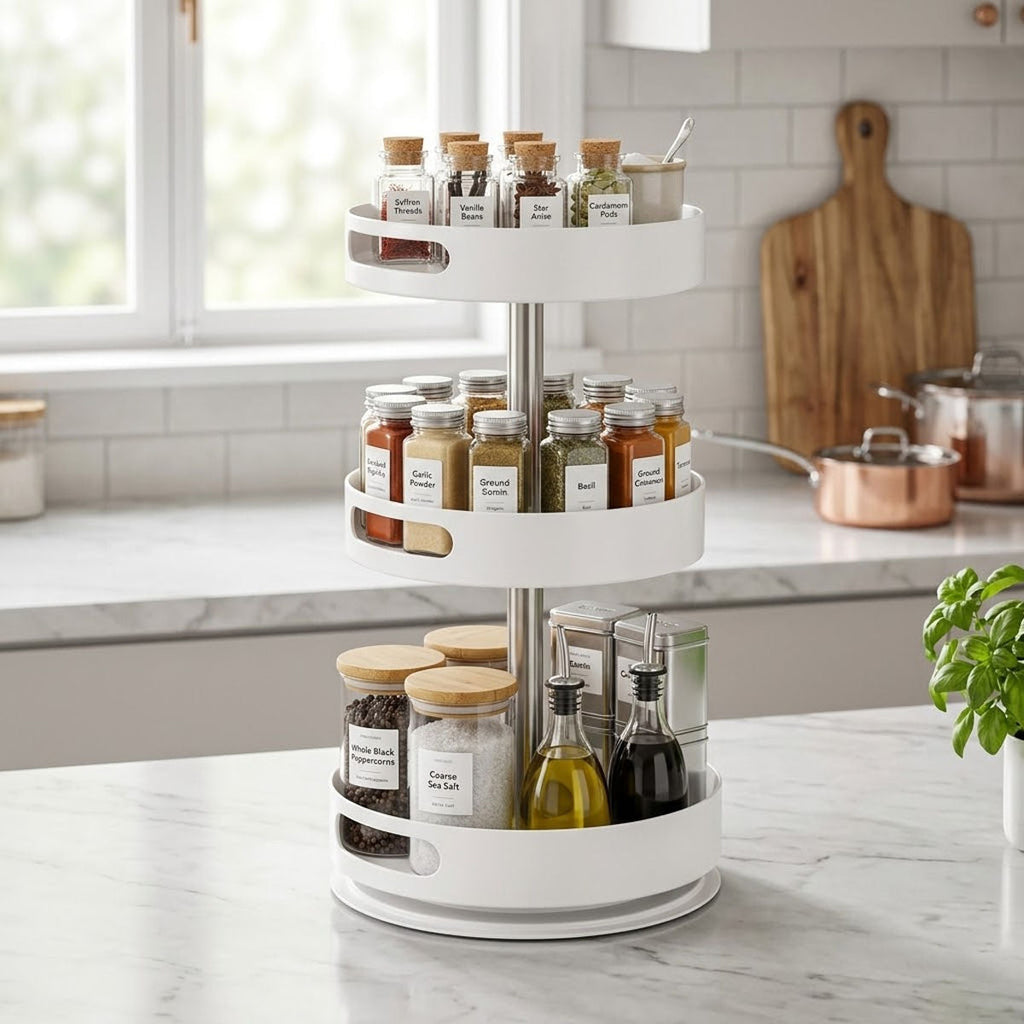 3 Tier 360 Rotating Storage Rack White Spice Cosmetic Organiser Turntable