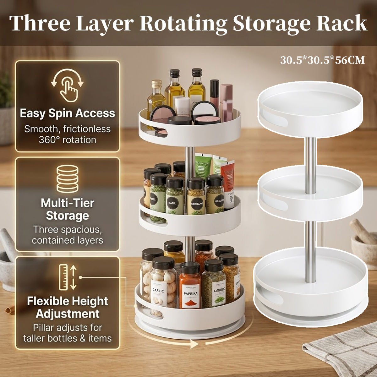 3 Tier 360 Rotating Storage Rack White Spice Cosmetic Organiser Turntable