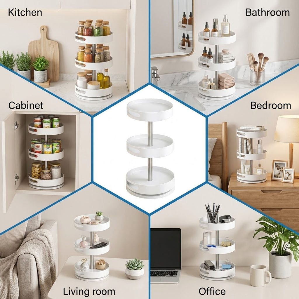 3 Tier 360 Rotating Storage Rack White Spice Cosmetic Organiser Turntable