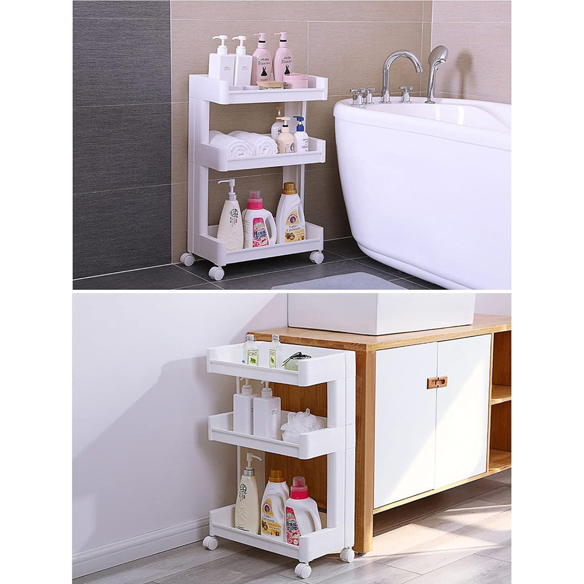 3 Tier Rolling Bathroom Cart Two Widths Set | StorageOZ