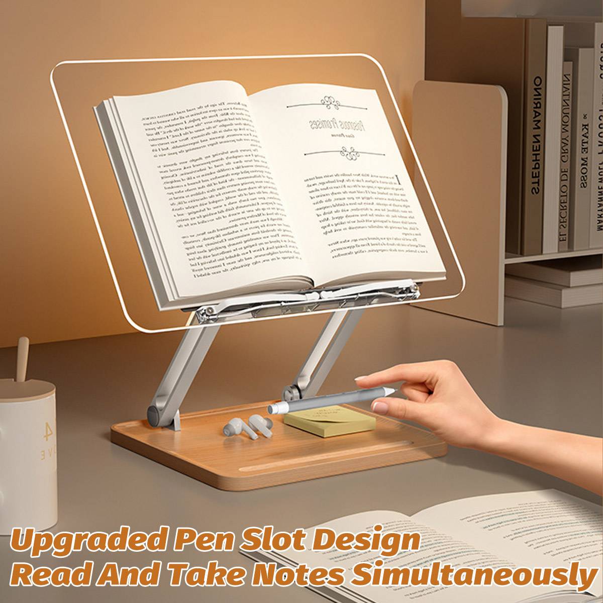 Adjustable Acrylic Desktop Reading Stand - Foldable Book Holder with Pen Slot
