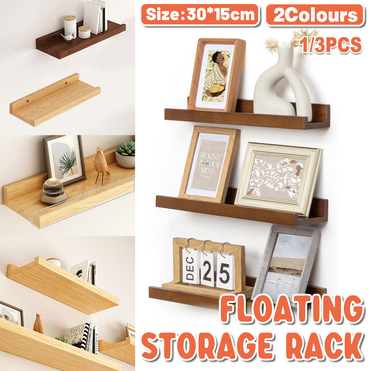 Wooden Floating Wall Shelf Two Finishes Set | StorageOZ