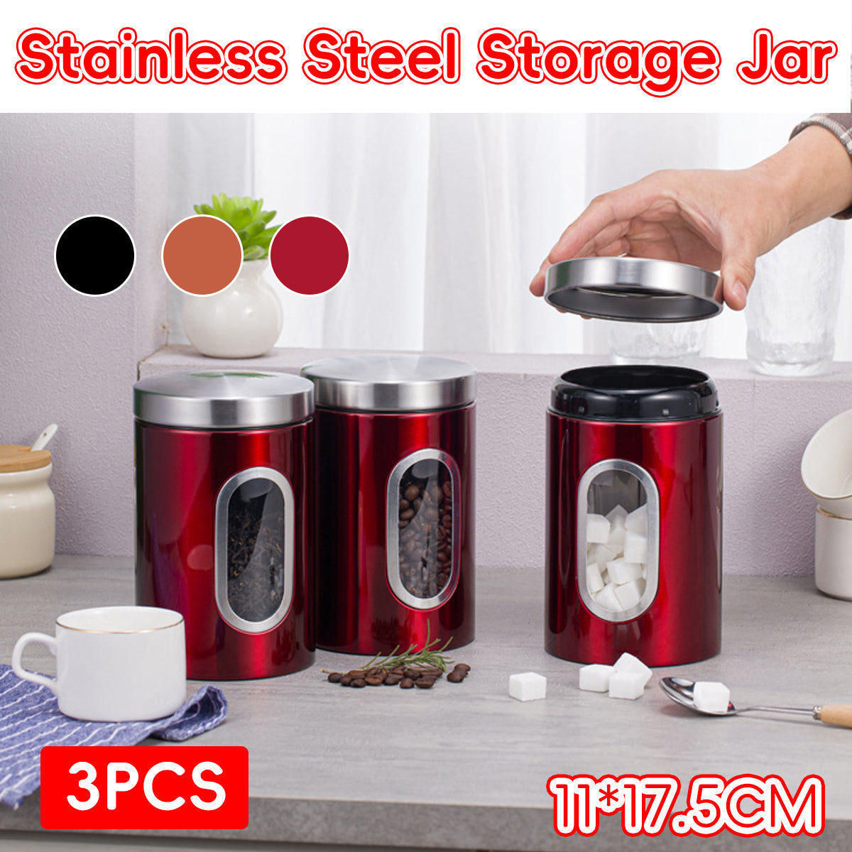 3 Pcs Windowed Steel Jars in Three Colours | StorageOZ