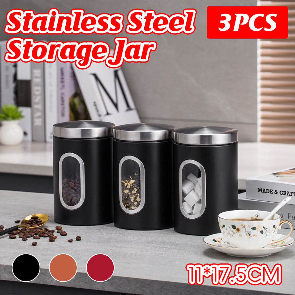 3 Pcs Windowed Steel Jars in Three Colours | StorageOZ
