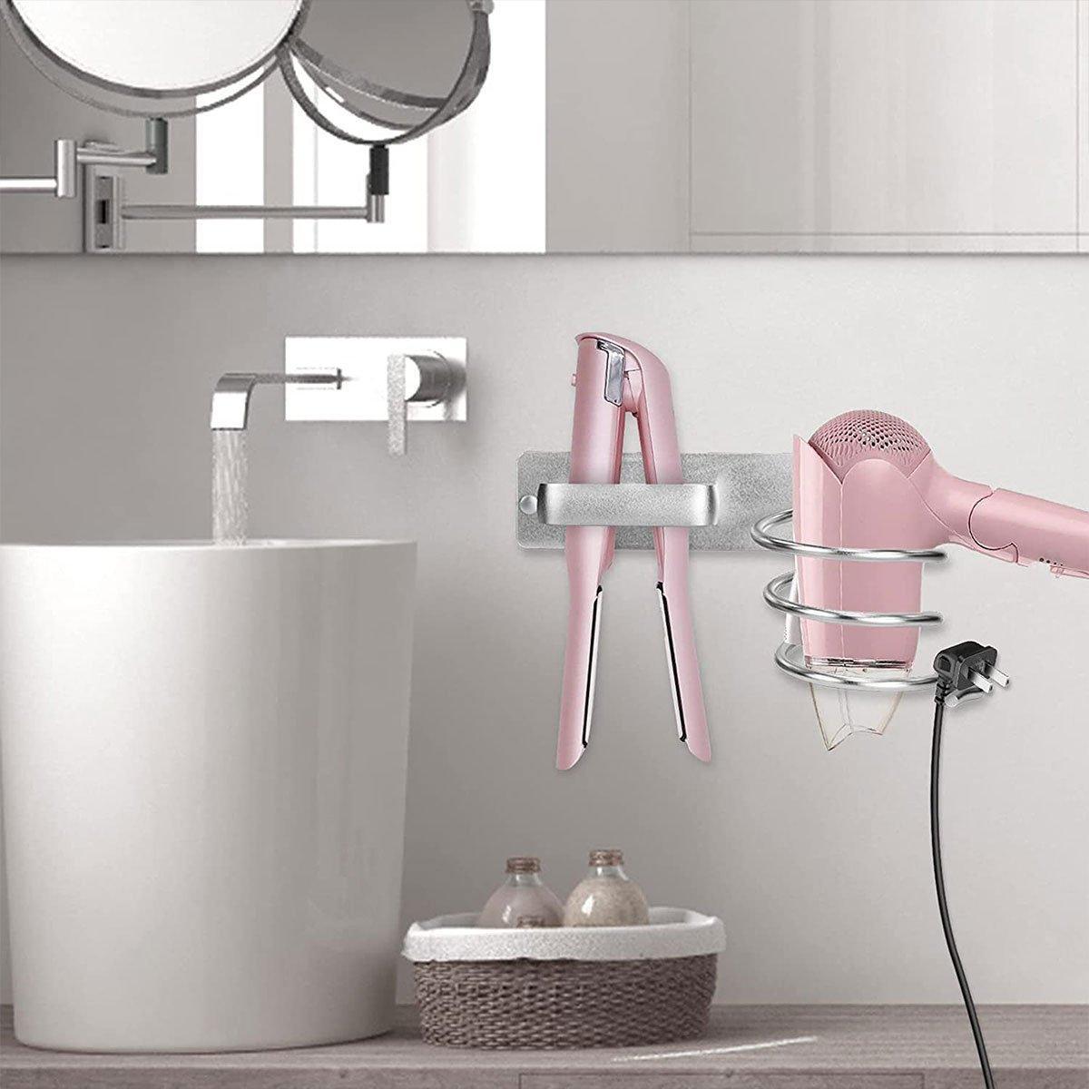 Silver Aluminium Wall Hair Dryer Holder Rack | StorageOZ
