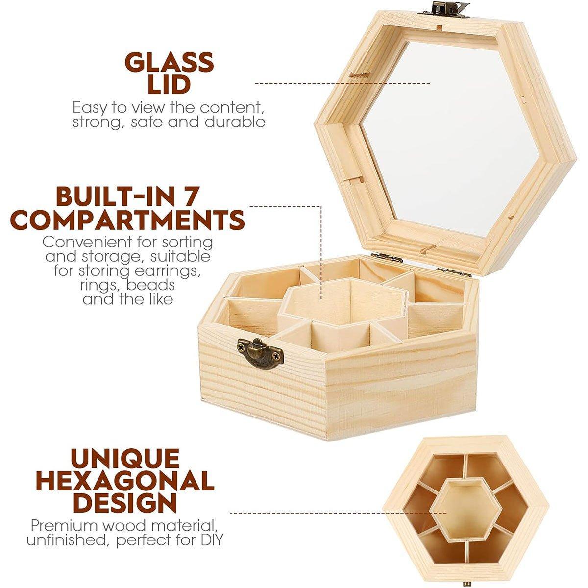 Hexagonal Wooden Jewellery Box with Glass Lid | StorageOZ