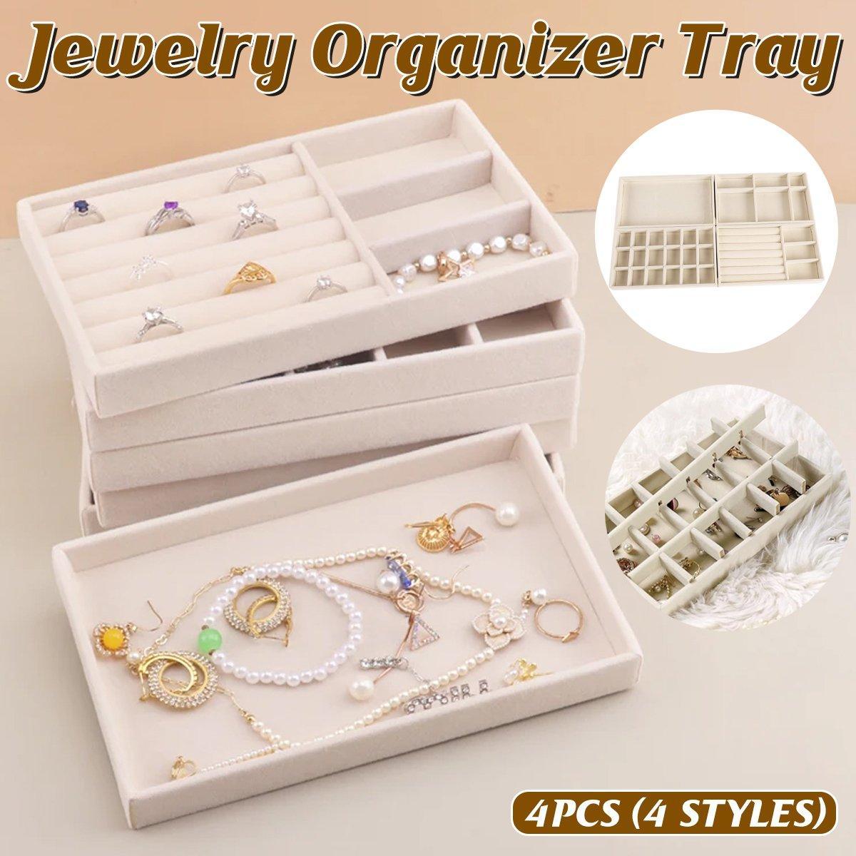 4 Pcs Beige Velvet Jewellery Tray Organiser Set | StorageOZ