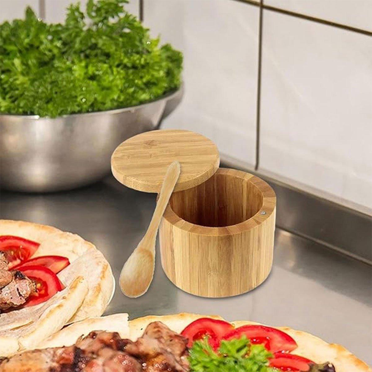 Bamboo Salt Box with Swivel Lid and Spoon | StorageOZ