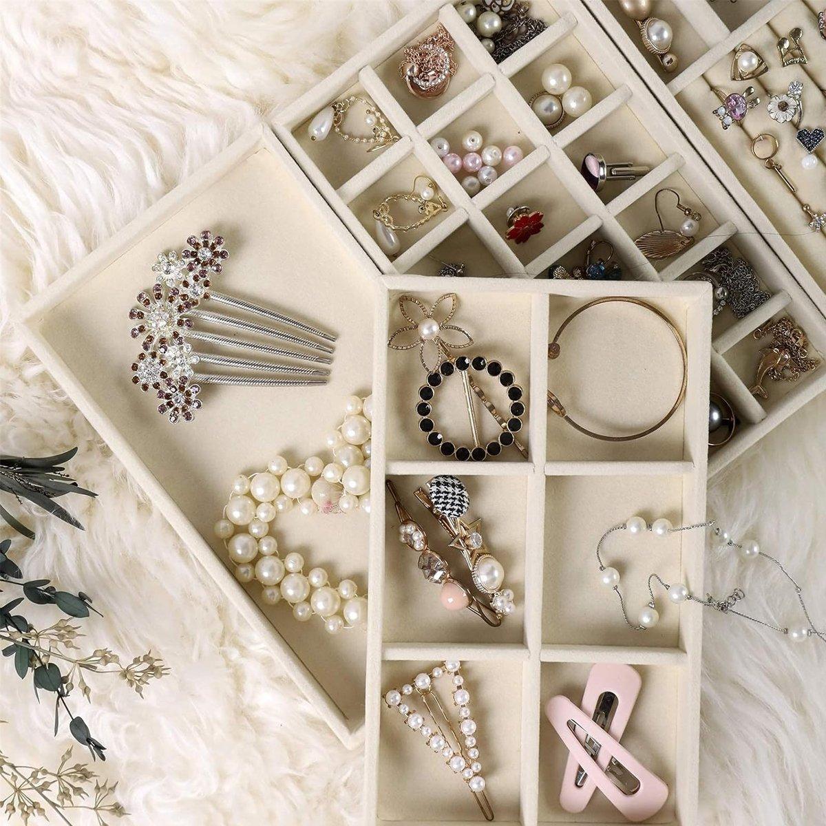 4 Pcs Beige Velvet Jewellery Tray Organiser Set | StorageOZ