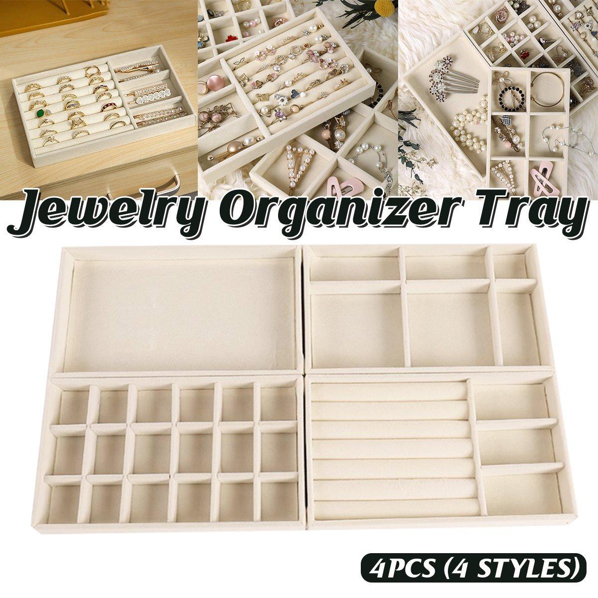 4 Pcs Beige Velvet Jewellery Tray Organiser Set | StorageOZ