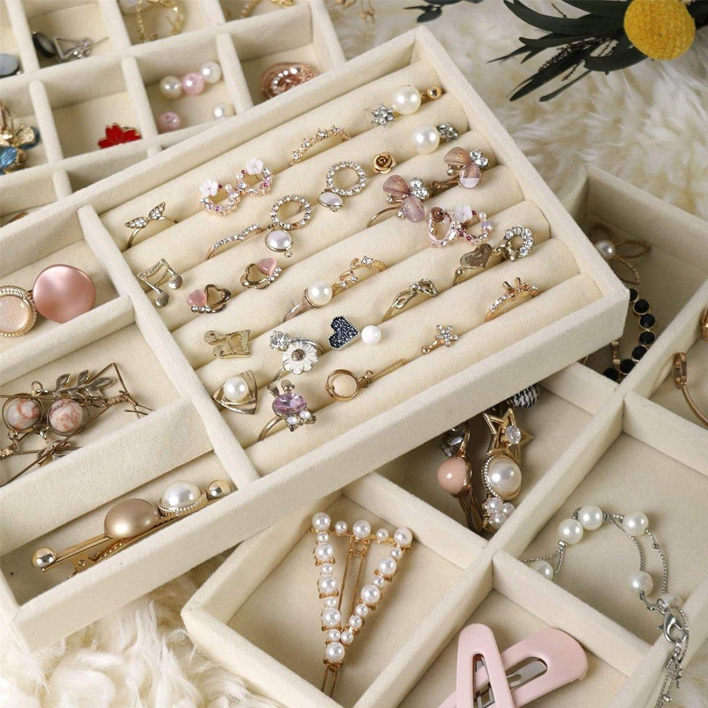4 Pcs Beige Velvet Jewellery Tray Organiser Set | StorageOZ