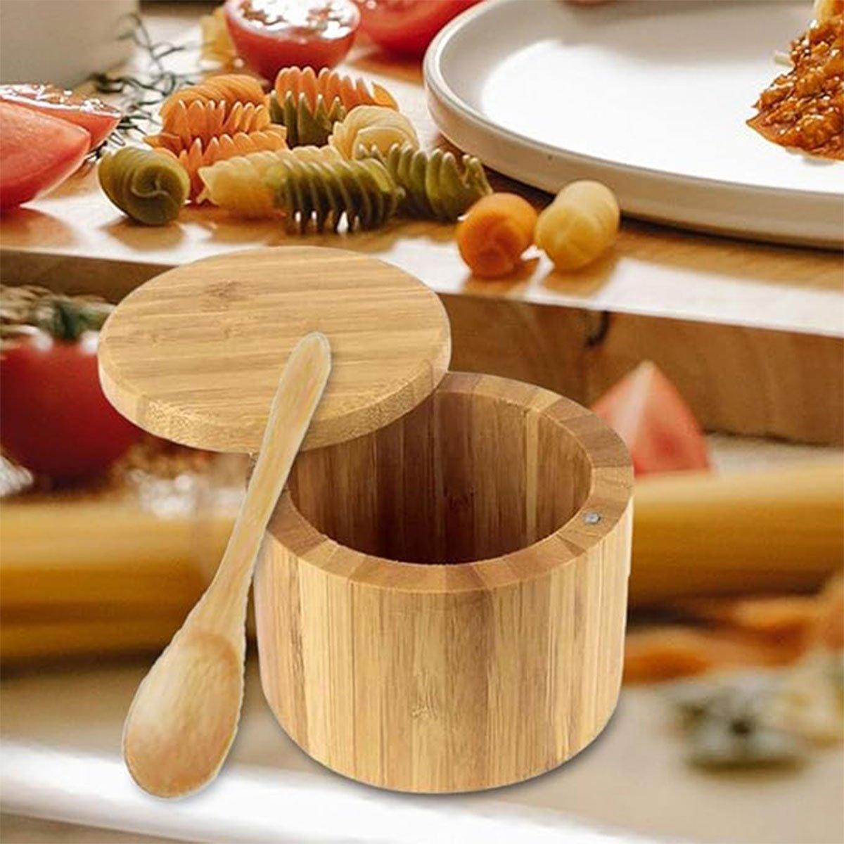 Bamboo Salt Box with Swivel Lid and Spoon | StorageOZ