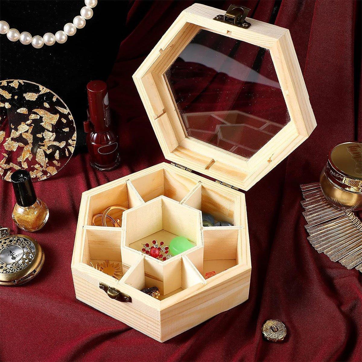 Hexagonal Wooden Jewellery Box with Glass Lid | StorageOZ