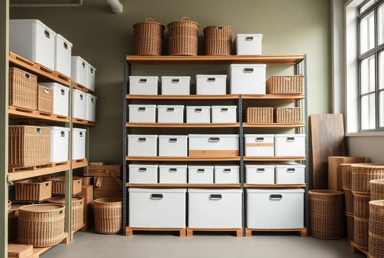 StorageOz warehouse shelving stacked with white storage boxes and woven baskets