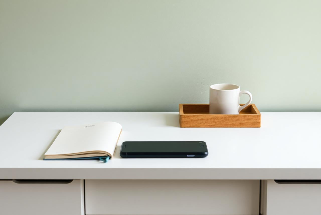 Minimal white desk with notebook, phone and oak organiser tray