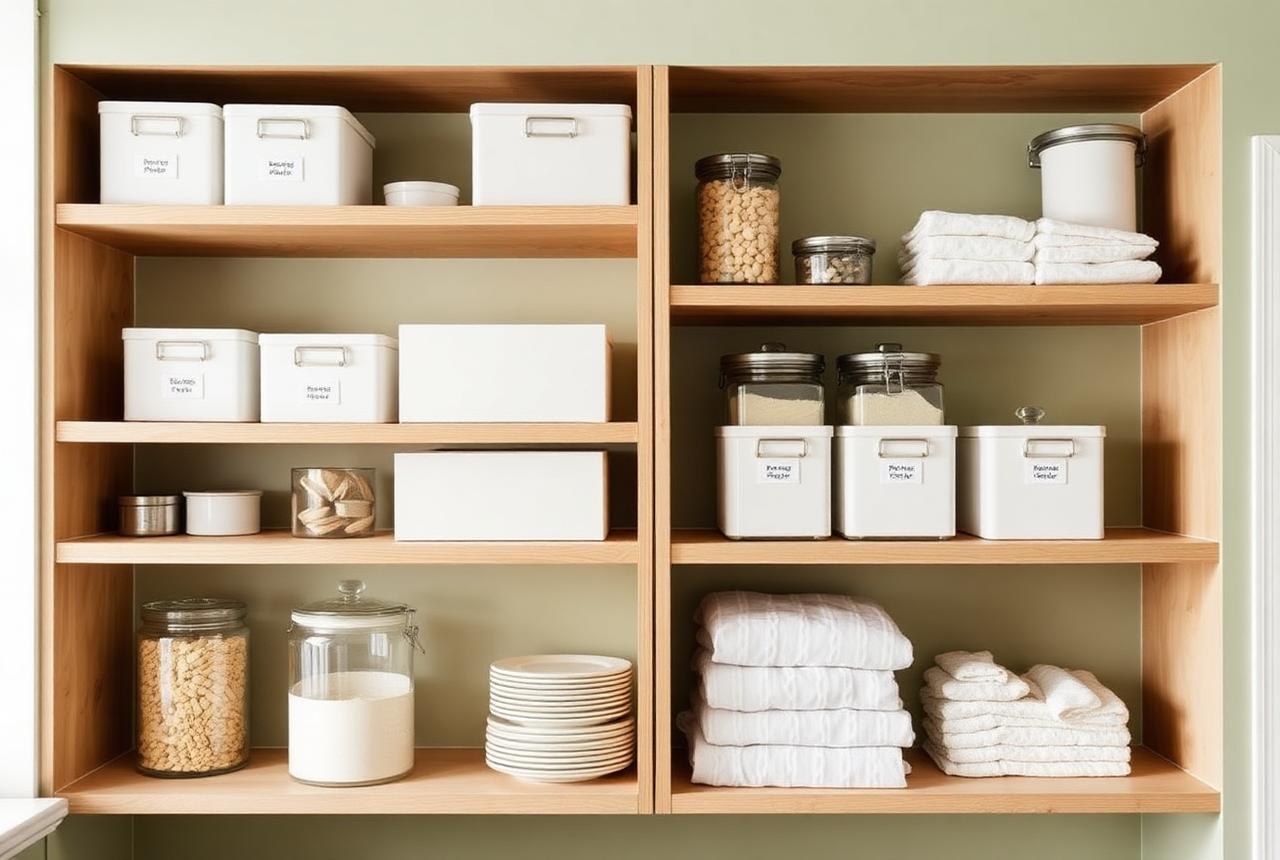 Open oak shelving with labelled white storage boxes and glass canisters